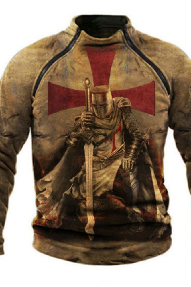Spring Knights Templar Print Retro Streetwear Hoodie Men Long Sleeve Zipper Stand Collar Breathable Tactical Pullover Sweatshirt