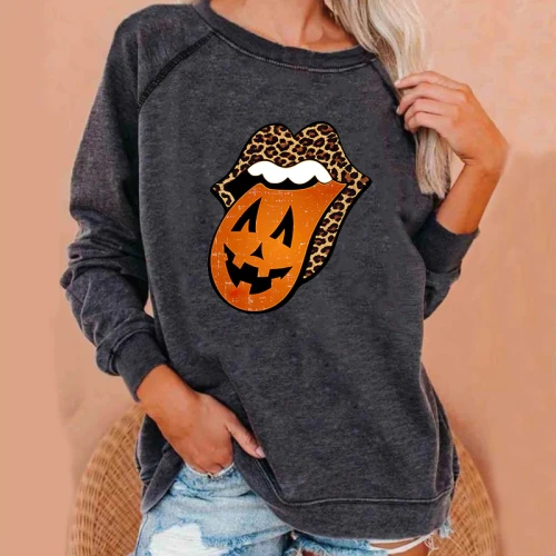 2021 Halloween Leopard Lips Tongue Women Hoodies Long Sleeve O-neck Casual Sweatshirts Solid Color  Loose Tops Autumn Outwear