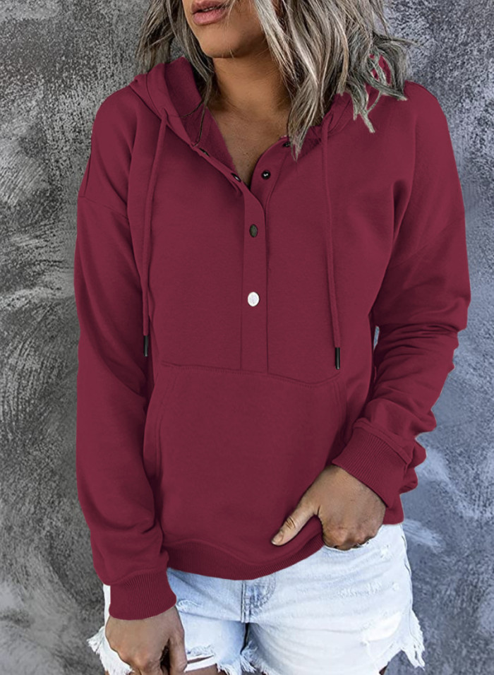 Women Casual Button Down Pocket Sweatshirt Fashion Style Hoodies Solid Color Long Sleeve Hooded Female Pullover Tops