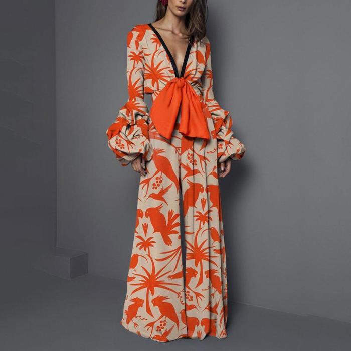 Sexy Shoulder Print Long Sleeved Maxi Culotte