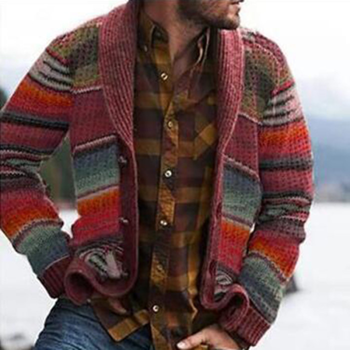 Men's Jacket Spring New Loose Printing Long-Sleeved Knitted Cardigan Jacket  Men's Plus Size