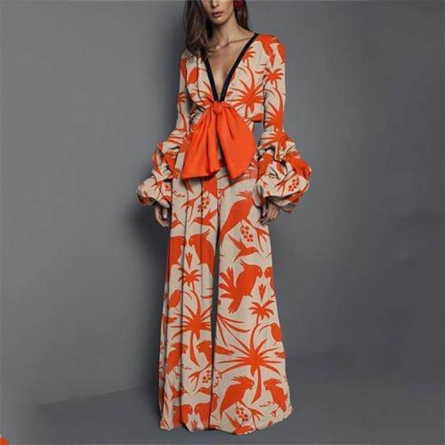Sexy Shoulder Print Long Sleeved Maxi Culotte