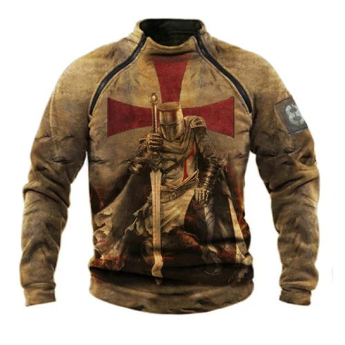 Spring Knights Templar Print Retro Streetwear Hoodie Men Long Sleeve Zipper Stand Collar Breathable Tactical Pullover Sweatshirt