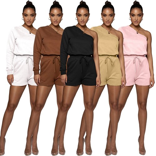 Fashion Casual Sexy Sport Summer Tracksuit Solid Color One Shoulder Sweatshirt Top Drawstring Pants Two Piece Set Women Custom
