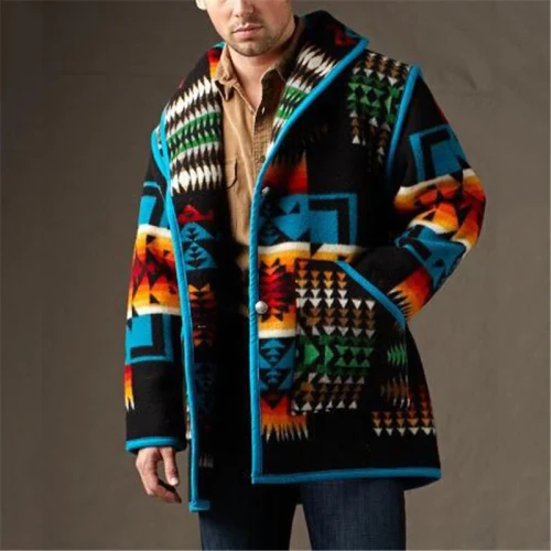 Men's British Colorful Printing Short Woolen Coat Jacket Winter Fashion Trend Loose Contrast Color Personality Woolen Men's Coat