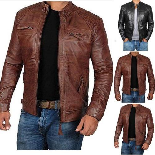 Men's Faux Leather Coat Stand Collar Punk Jacket Men's Motorcycle Faux Leather Jackets Slim Zipper Coats