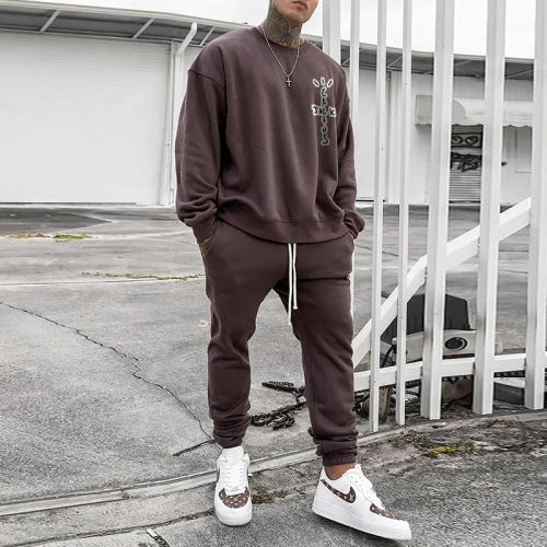 2021 New Men's Suit Brown Cotton Long-Sleeved Round Neck Top + Lace-Up Brown Trousers With Pockets Loose Casual Clothing