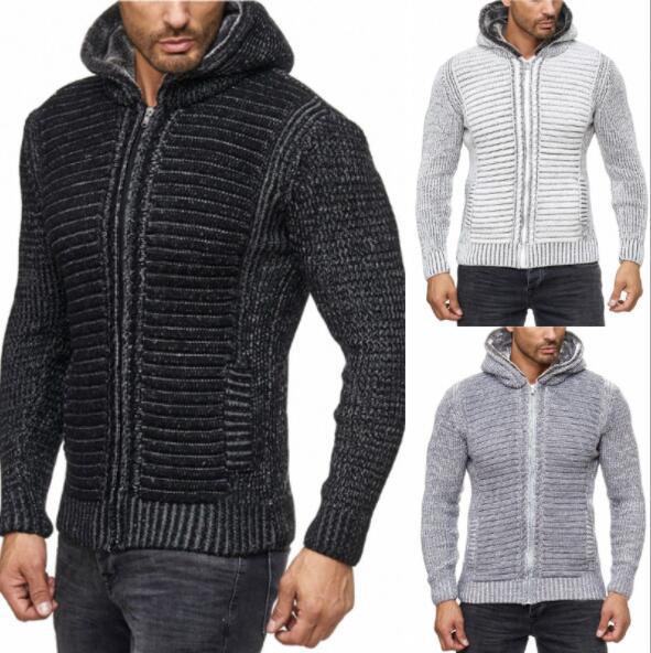 Winter Men's Fashion Sweater Single-Breasted Hollow Design Jacquard Casual Long Sleeve Hooded Cardigan Slim Jacket