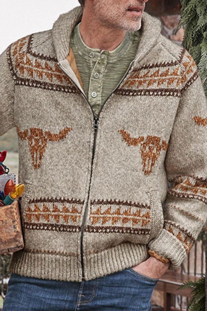 New Men's Clothing Autumn Winter Warm Cardigan Sweater Coat Long-sleeved Lapel Bull Head Jacket Zipper Knitwear Sweatercoat Male