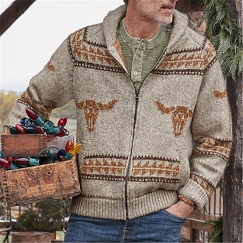 New Men's Clothing Autumn Winter Warm Cardigan Sweater Coat Long-sleeved Lapel Bull Head Jacket Zipper Knitwear Sweatercoat Male