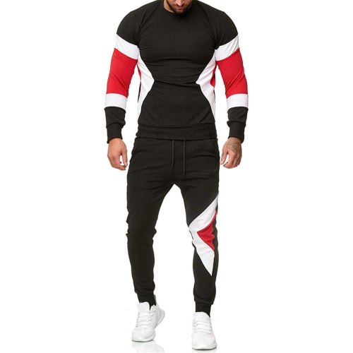 Fashion Men's Spring Autumn Long Sleeve Round Neck Patchwork Pullover Tops Tracksuit Sweatshirt Pants Two Piece Sports