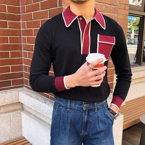 British Style Autumn Winter Sweater Men Fashion 2021 Front Pocket Long Sleeve Mens Casual Sweaters Turn Down Collar Pullovers
