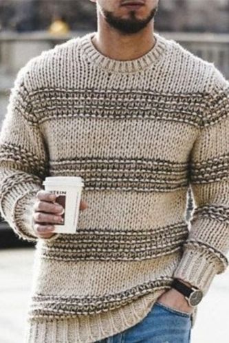 HOT Long Sleeve Men Sweater Striped Print Casual O Neck Stretchy Knitted Pullover Sweater Streetwear