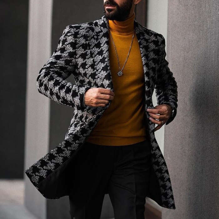 2021 European and American Winter Medium Length Suit Collar Fashion Printed Men's Coat