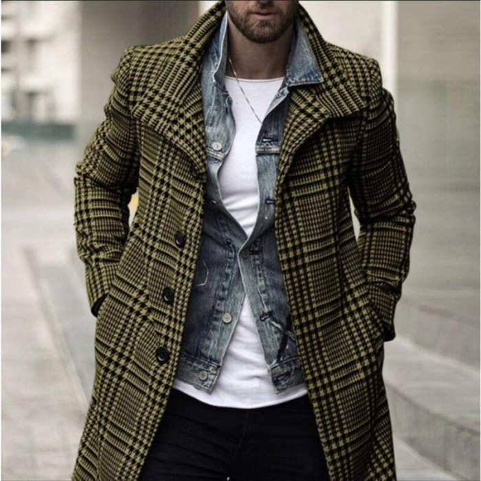Men Fashion Plaid Check Windbreaker Slim Fit Streetwear Overcoat Single Breasted Trench Coat Outwear Manteau Homme
