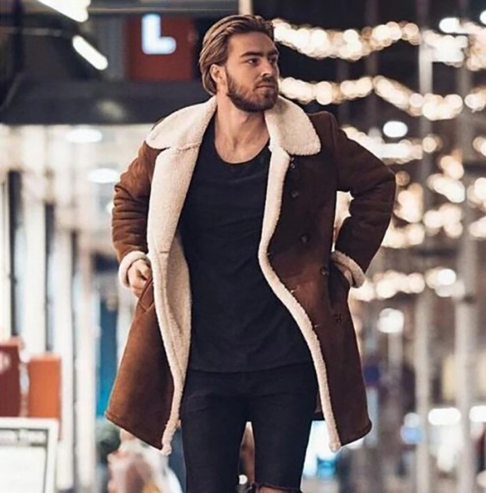 2021 Fashion Men Fur Fleece Blends Brown Color Trench Coat Overcoat Lapel Warm Fluffy Jacket Outerwear Male Boy Warm Jacket