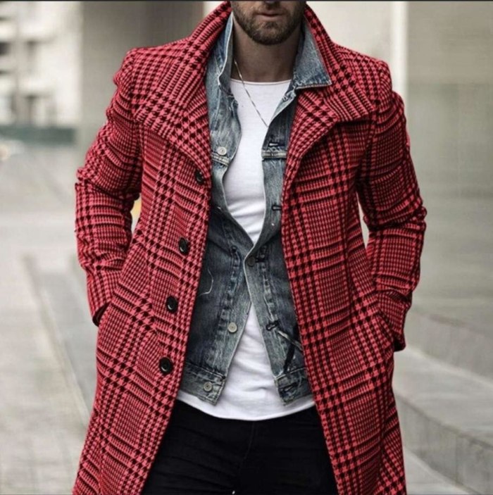 Men Fashion Plaid Check Windbreaker Slim Fit Streetwear Overcoat Single Breasted Trench Coat Outwear Manteau Homme