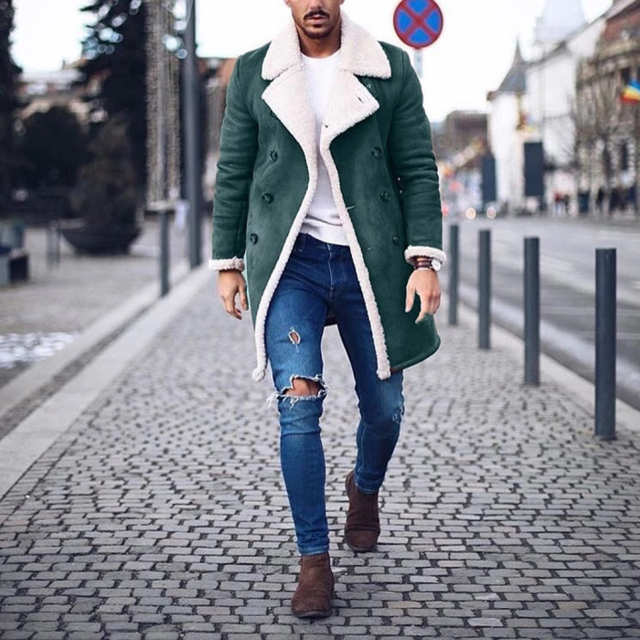 2021 Fashion Men Fur Fleece Blends Brown Color Trench Coat Overcoat Lapel Warm Fluffy Jacket Outerwear Male Boy Warm Jacket