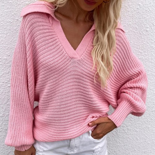 Women Casual Sweater V Neck Lantern Long Sleeve Solid Knitted Tops Spring Autumn Loose Pullover Top Knitwear Female Streetwear