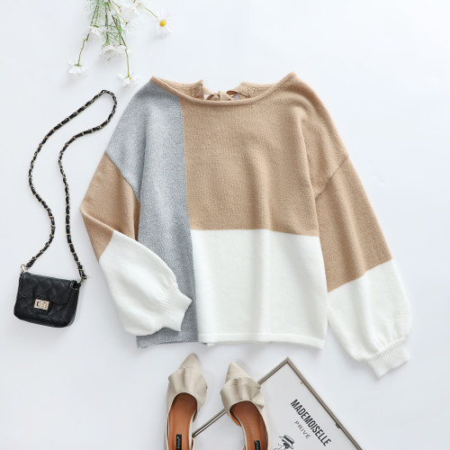Fashion Long Sleeve Hollow Out Splicing Color Knitted Sweaters O-Neck Tops Loose Back Bandage Cardigan Women's Sweater 2021