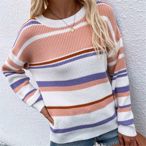 Women Casual Knitted Autumn Sweater Pullovers Elegant Lady Vintage Striped Long Sleeves O-neck Loose Pullover Sweaters