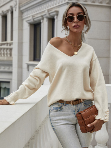 Fashion Autumn Knitted Sweaters Cuff Buttons V-Neck Pullover Tops Loose Cardigan Women's Sweater 2021
