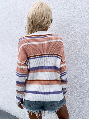 Women Casual Knitted Autumn Sweater Pullovers Elegant Lady Vintage Striped Long Sleeves O-neck Loose Pullover Sweaters