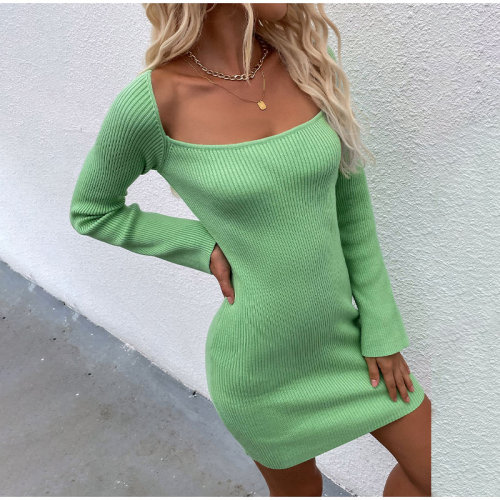 Knitted Women's Long Sleeve Mini Dresses 2021 Autumn Slim Square Collar Sweater Ladies Sexy Fashion Party Dress
