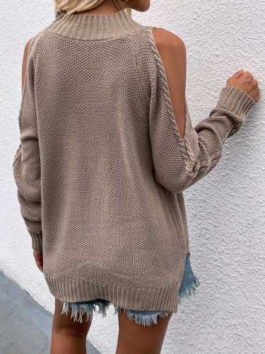 Elegant Cold Shoulder Knitted Loose Sweaters Women 2021 Autumn Winter Side Split Pullovers Streetwear Fashion Jumpers Top