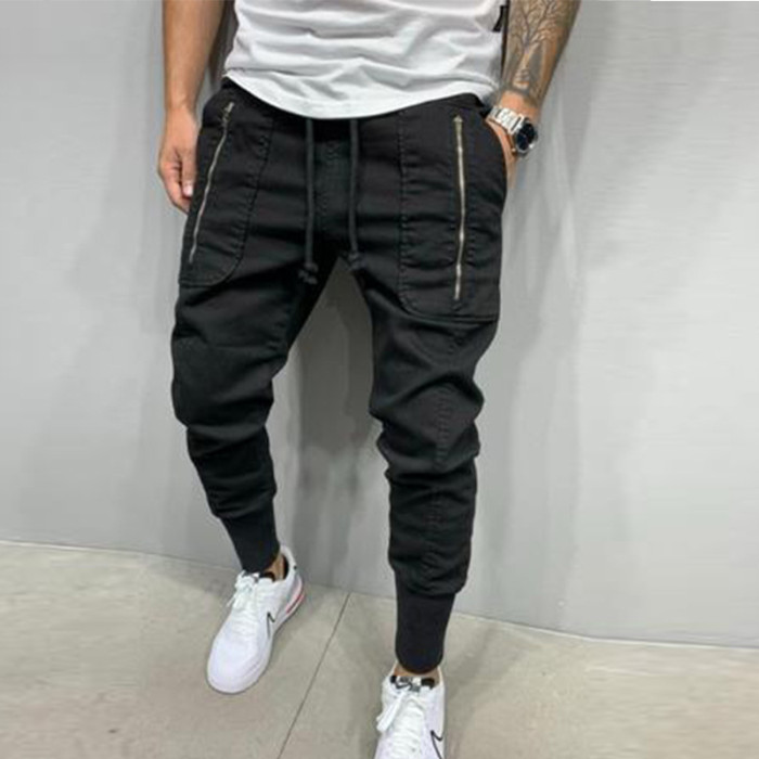 Mens Joggers Casual Cargo Pants Bottoms Skinny Sweatpants Zipper Patch Pocket Elastic Sportswear Ankle Banded Male Trousers