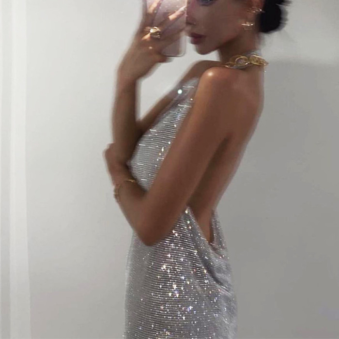 Full Crystals Diamonds Luxury Women Dress Halter Backless Evening Night Club Party Short Dress Women Summer Dress 2021