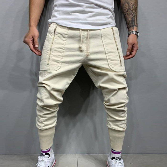 Mens Joggers Casual Cargo Pants Bottoms Skinny Sweatpants Zipper Patch Pocket Elastic Sportswear Ankle Banded Male Trousers