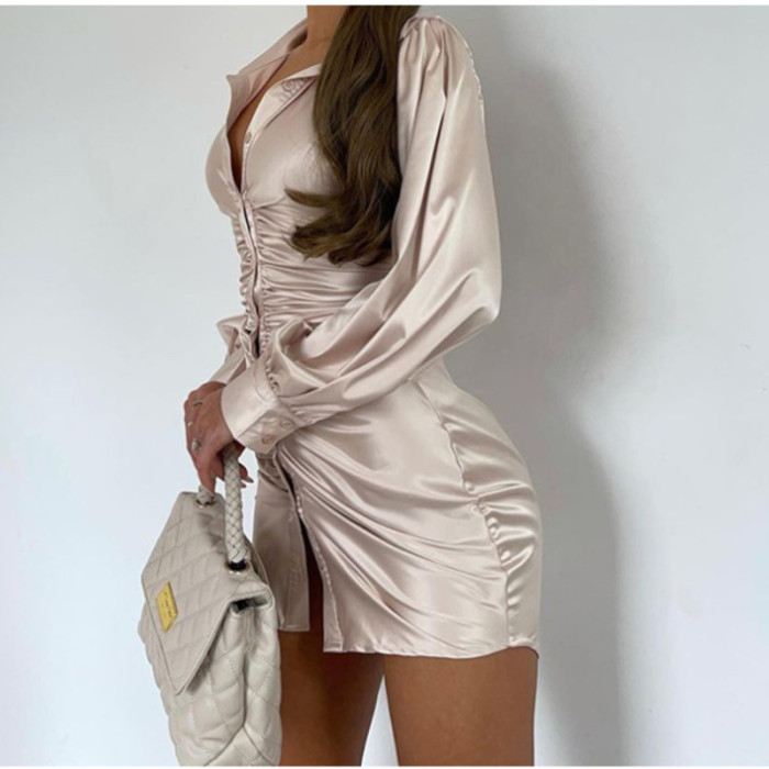Fashion High Street Elegant Basic Solid Shirt Dress For Women Casual Sexy Hollow Out Bodycon Party Mini Dress Female Autumn Hot