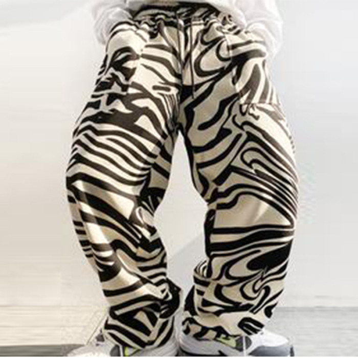 2021 Print Wide Leg Pants Mens Hipster Loose Straight Autumn Drawstring Casual Trousers Street Club Hip-hop Streetwear