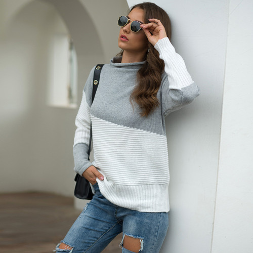 2021 Irregular Sleeves Rolled Half Turtleneck Contrast Color Pullover Knit Sweater