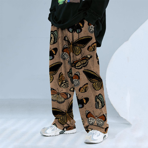 Men Middle Waist Trousers Face Geometry / Butterfly Print  Fit Straight Long Pants with Pockets Elastic Waist
