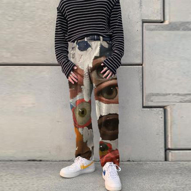 2021 New Men Fashion Loose Printed Corduroy European And American Straight Mid-waist Casual Trousers Autumn Winter