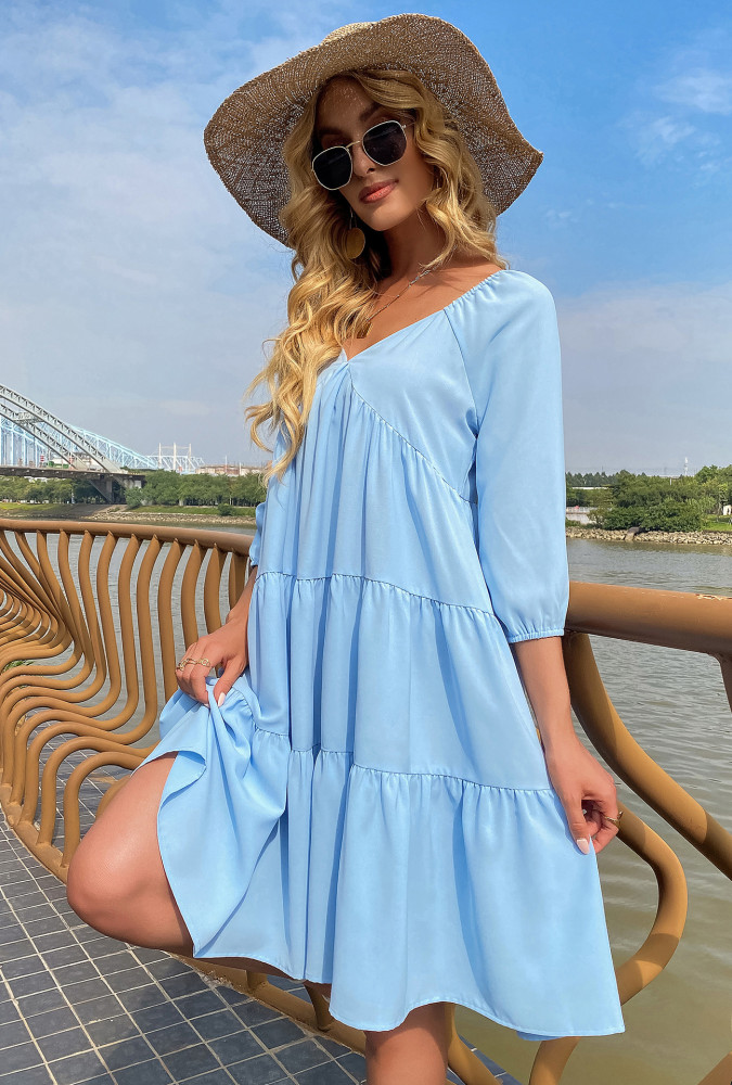 Foreign Trade 2021 Summer New Style Dress Fashion Casual Commuting Lantern Sleeve Loose Plaid V-neck Dress