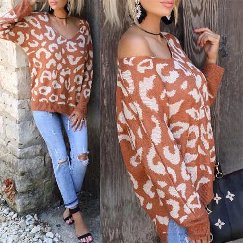2021 New Fashion Hot Style Women's Leopard Print Long-sleeved Round Neck Casual Loose Sweater