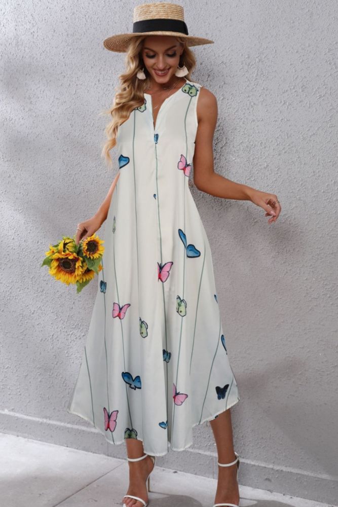 Fashion Butterfly Printed White Dress 2021 Casual Plus Size Long Dresses Summer Woman Sleeveless Girls Beach Maxi Dress Women