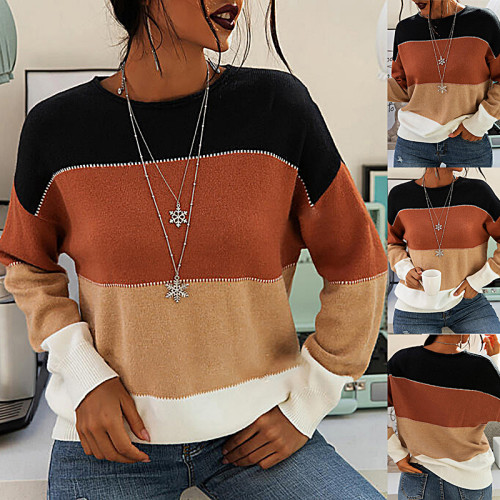 Autumn And Winter New Sweater Female Fashion Striped Contrast Color Long-Sleeved Round Neck Knitted Stitching Sweater Women Top