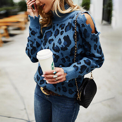 Autumn And Winter Fashion New Women Leopard Print High Neck Long Sleeve Off Shoulder Casual Loose Knitted Sweater Women