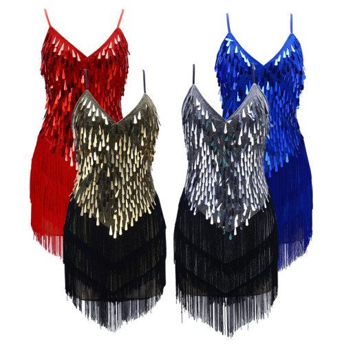 Latin Dance Dress Tassels Party Sexy V-Neck Sequins Decoration Shiny Slimming Stage Performance Adults Sexy Competition Costumes