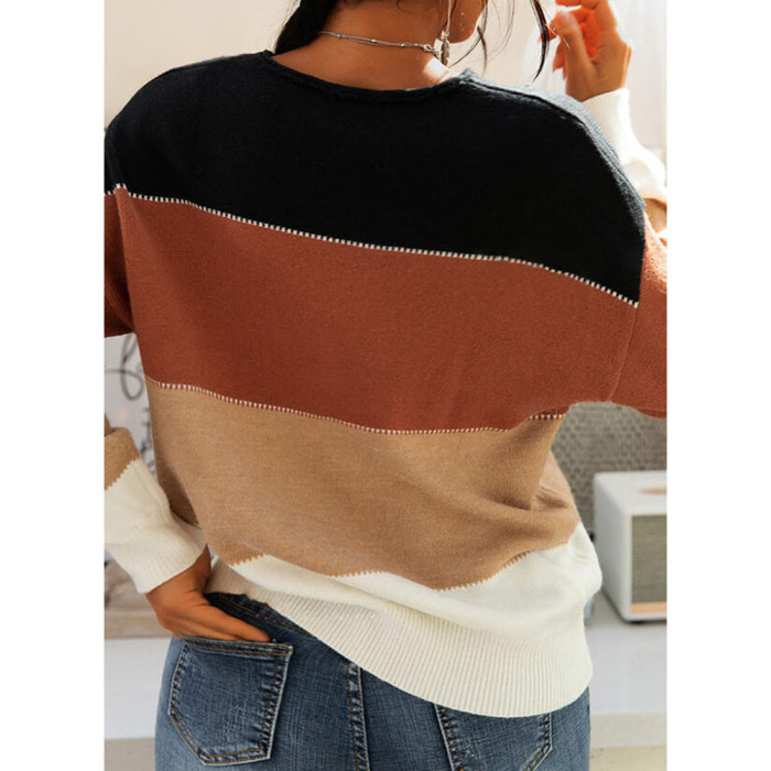 Autumn And Winter New Sweater Female Fashion Striped Contrast Color Long-Sleeved Round Neck Knitted Stitching Sweater Women Top