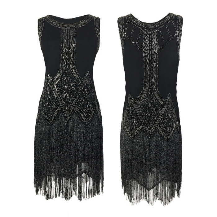 Women  Vintage Black Sequins Beaded Fringed Gatsby Theme Roaing Arc Wedding Party Flapper Tassel Dress with Accessories Set