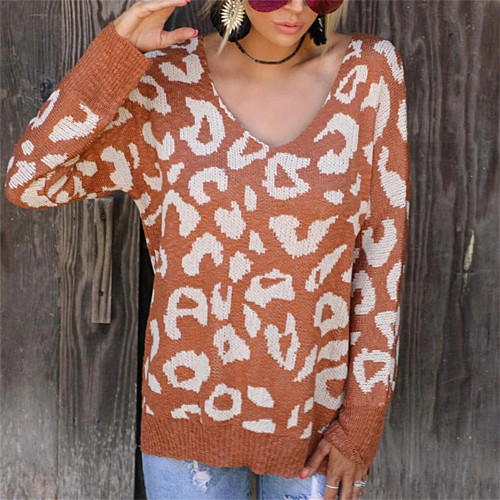 2021 New Fashion Hot Style Women's Leopard Print Long-sleeved Round Neck Casual Loose Sweater