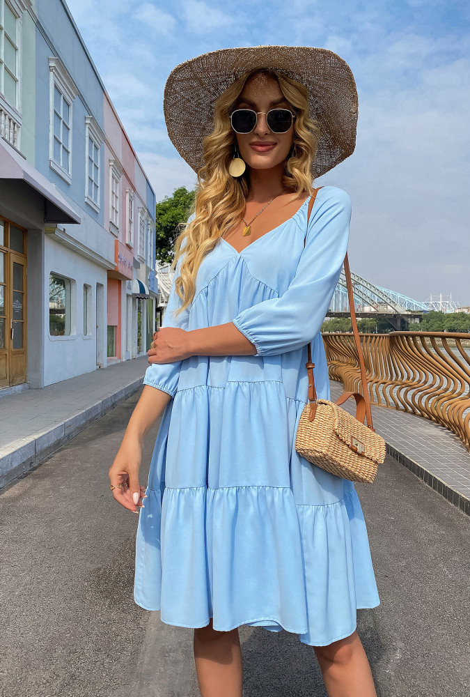 Foreign Trade 2021 Summer New Style Dress Fashion Casual Commuting Lantern Sleeve Loose Plaid V-neck Dress