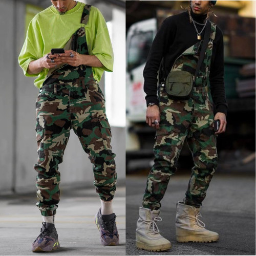 Camouflage Denim Overalls Men Causal Straight Mid Waist Jeans Jumpsuit Man Loose Distressed Denim Bib Pants Pantalon Streetwear