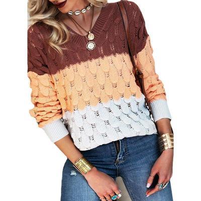 Autumn And Winter Fashion New V-Neck Long Sleeve Sweater Women's Splicing Contrast Color Casual Loose Lady Sweater