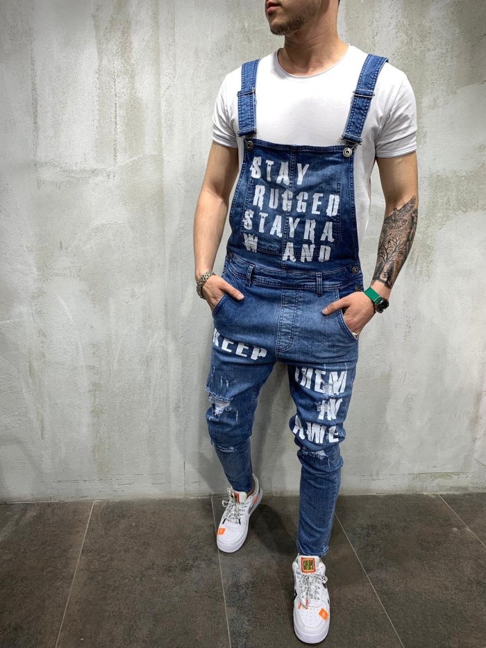 Fashion Men's Ripped Jeans Jumpsuits Hi Street Distressed Denim Bib Overalls For Man Suspender Pants Size S-XXXL